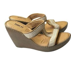 Born Sandals Womens Lio T-Strap Wedge Heels Tan Leather Handcrafted B67102 Sz 10